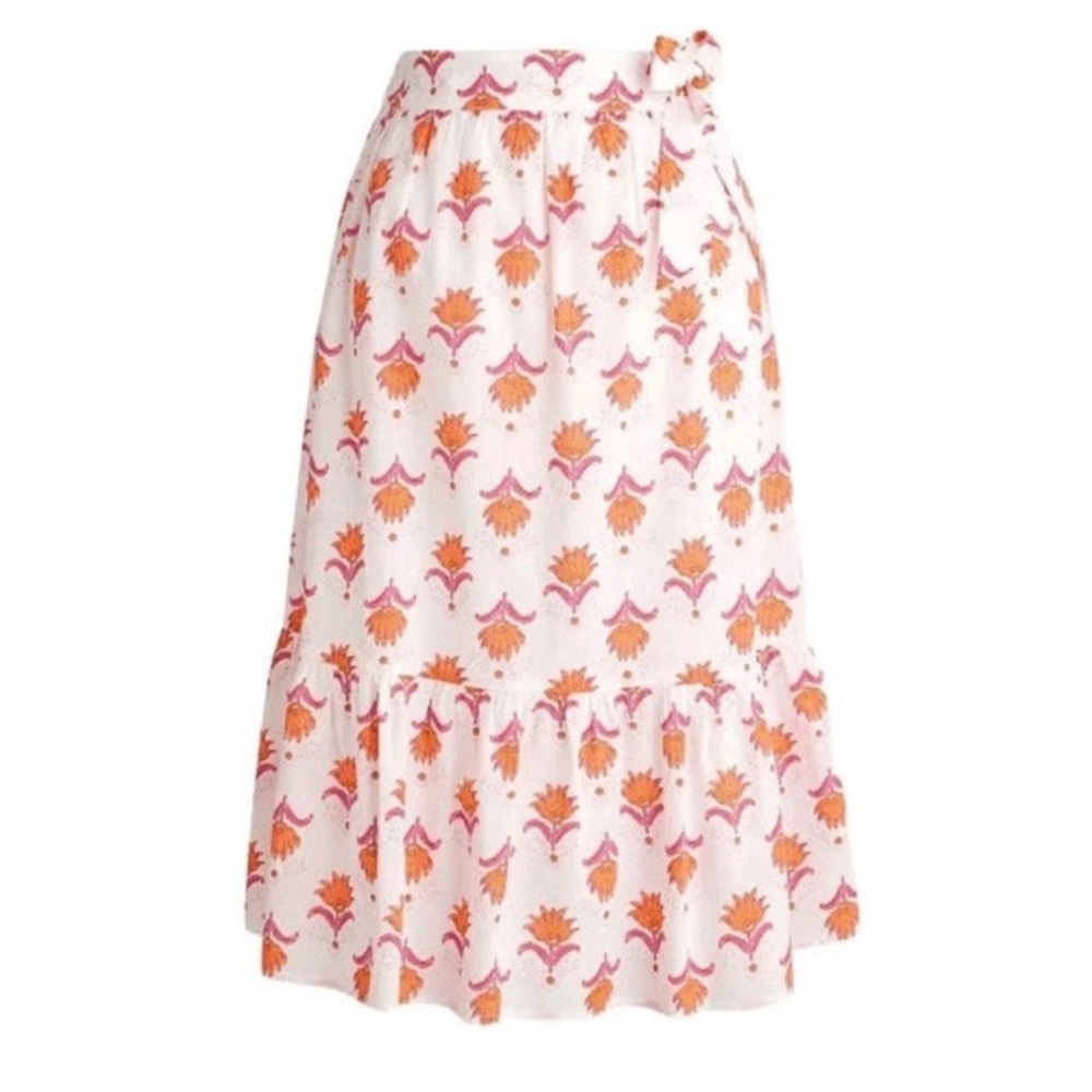 J Crew Tiered Faux Wrap Print Skirt Womens Size 2 Orange White Cotton
